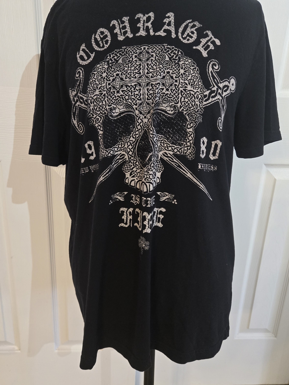 Express Black Short-Sleeve Tee with White Skull & Sword Graphic